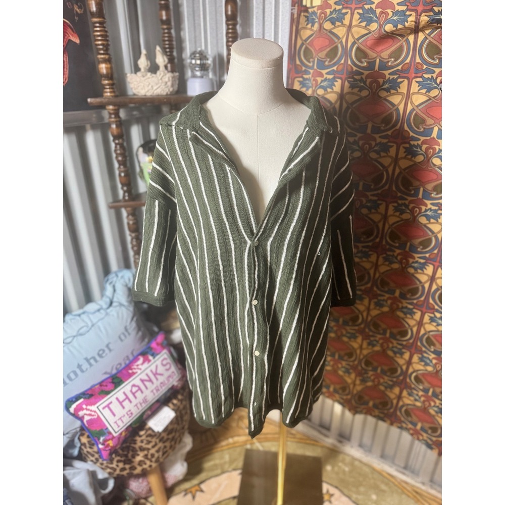 American Eagle XXL Striped Cardigan Sweater Shirt Olive Green Whitemissingbutton